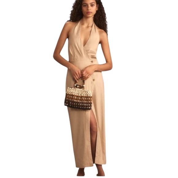 Anthropologie Dresses & Skirts - Anthropologie Linen Halter Wrap Dress Tan Size Large NWT
